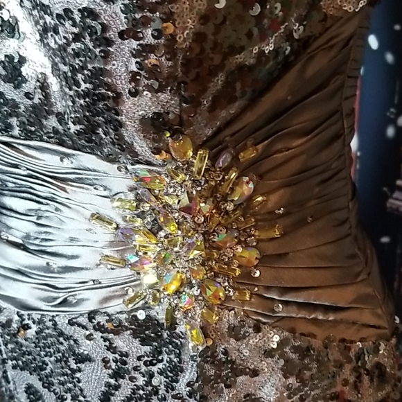 Silver Sequin gown with Satin Cinched Waist and Cr - Picture 4 of 11